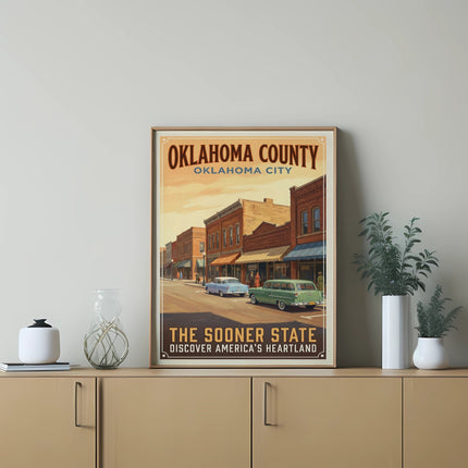 "Oklahoma County, Oklahoma City, The Sooner State" poster on a wall above a cabinet.