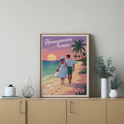 Couple walking on a beach at sunset with "Honeymoon Florida" text.
