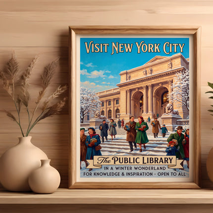 Vintage poster of New York Public Library in winter, "Visit New York City."