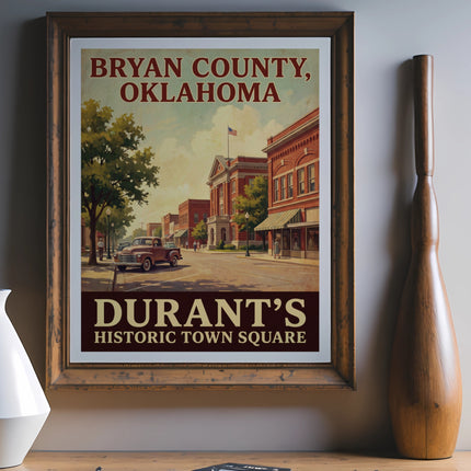 Framed artwork depicts Bryan County, Oklahoma, Durant's Historic Town Square.
