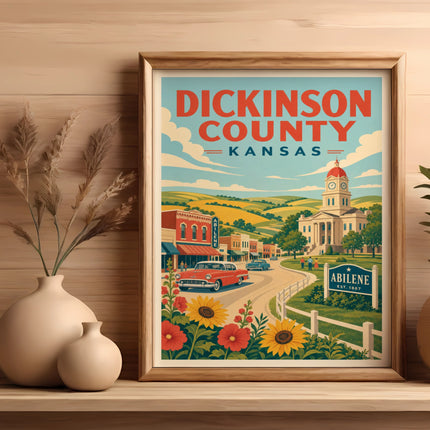 Vintage travel poster for Dickinson County, Kansas, featuring Abilene and a red car.