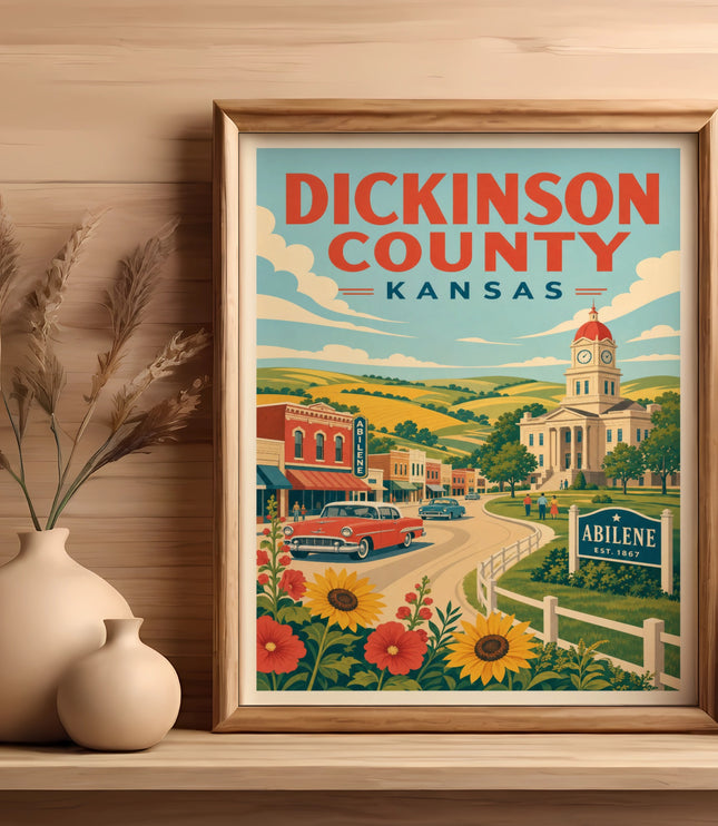 Vintage travel poster for Dickinson County, Kansas, featuring Abilene and a red car.