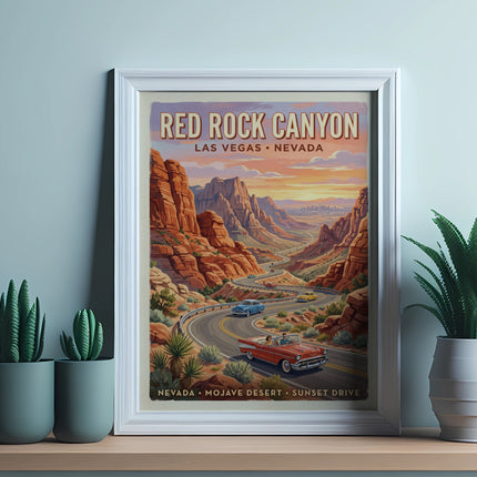 "Red Rock Canyon, Las Vegas, Nevada" poster with a scenic desert highway and vintage cars.