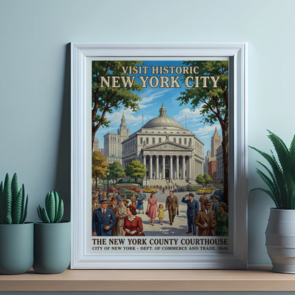 New York County Courthouse poster from 1948, vintage travel style.