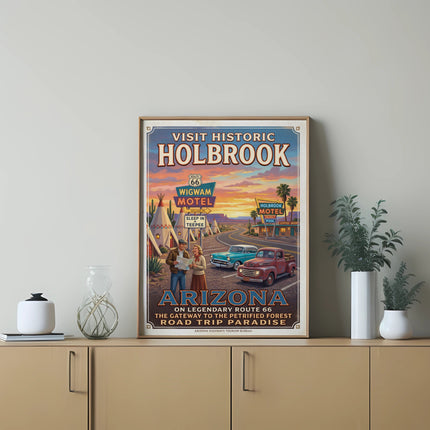 Visit Historic Holbrook Arizona Route 66 Wigwam Motel vintage travel art.