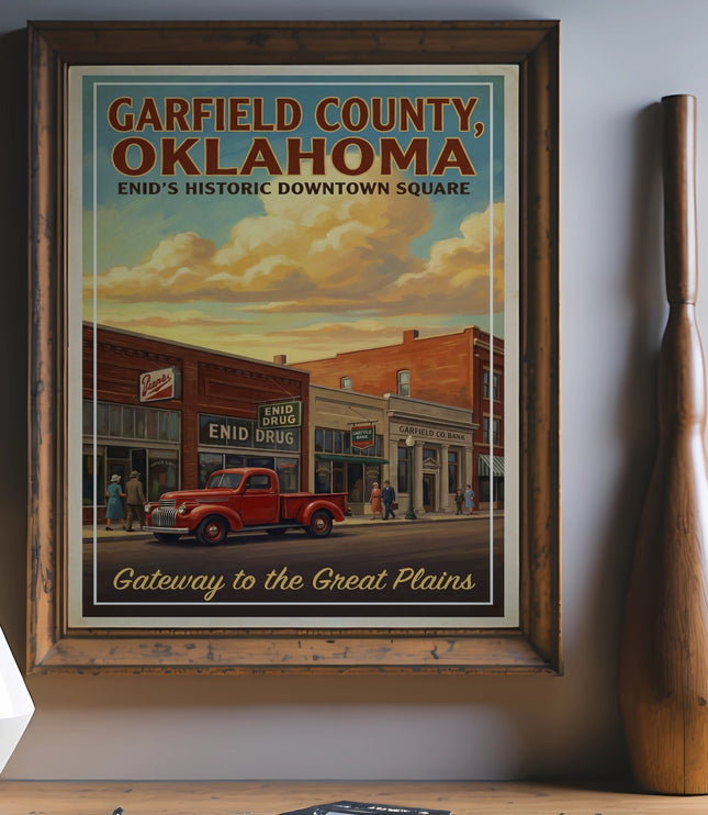 Garfield County Oklahoma Enid's Historic Downtown Square vintage travel poster.