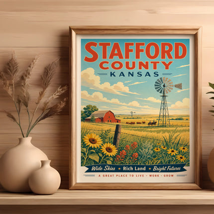 Vintage-style poster of Stafford County, Kansas with farm scene, sunflowers, and text.