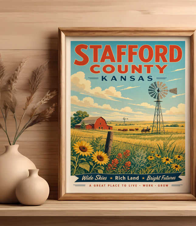 Vintage-style poster of Stafford County, Kansas with farm scene, sunflowers, and text.
