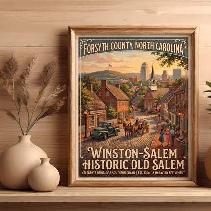 Forsyth County, North Carolina vintage poster depicting Historic Old Salem Winston-Salem.