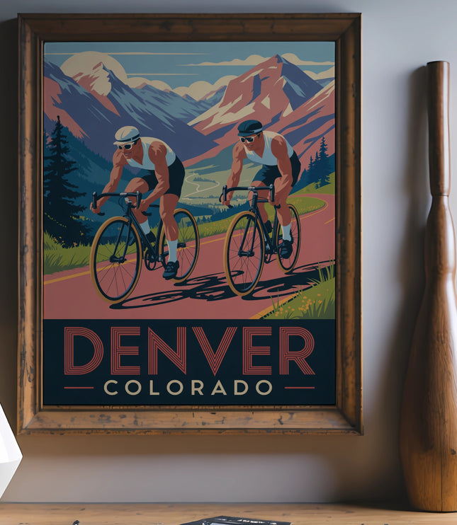 Vintage Denver cycling poster with two cyclists on a mountain road.