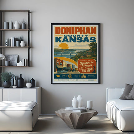 Doniphan County Kansas poster with "Where the Missouri Meets Small-Town Charm" text.