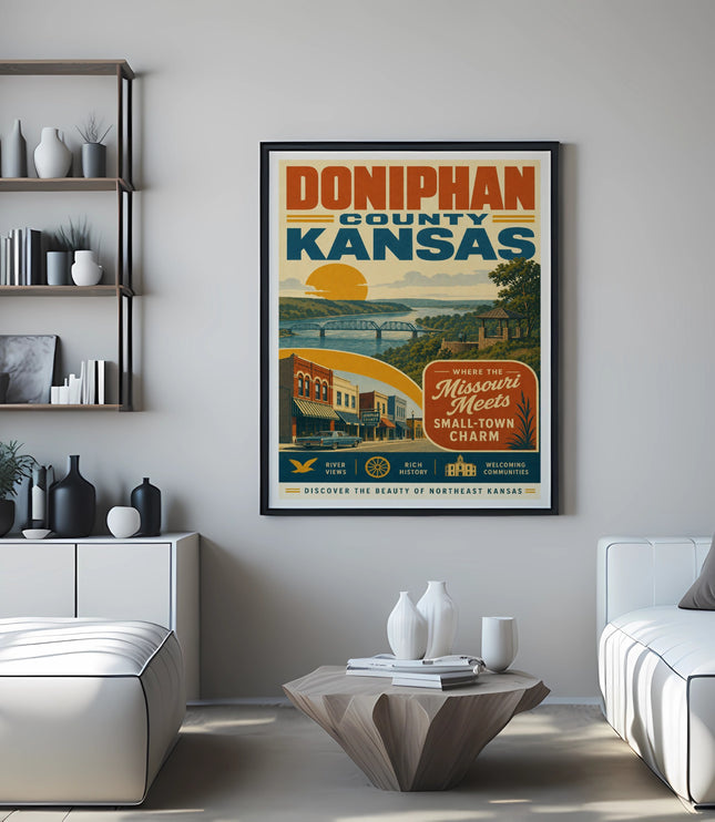 Doniphan County Kansas poster with "Where the Missouri Meets Small-Town Charm" text.