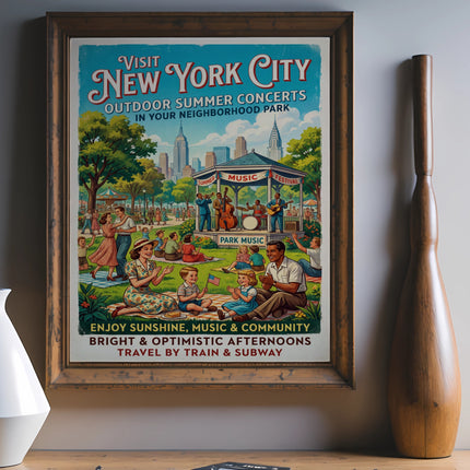 Vintage New York City summer concert poster with text.