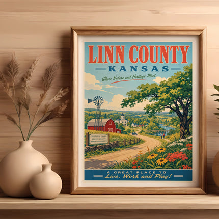 Linn County, Kansas poster with scenic rural landscape and text.