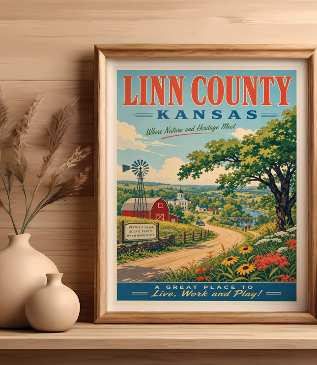 Linn County, Kansas poster with scenic rural landscape and text.