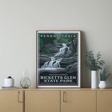 Ricketts Glen State Park Pennsylvania waterfalls and ancient rocks poster in a frame.