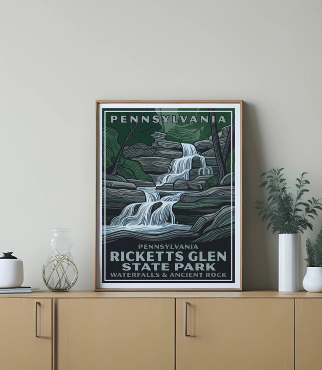 Ricketts Glen State Park Pennsylvania waterfalls and ancient rocks poster in a frame.