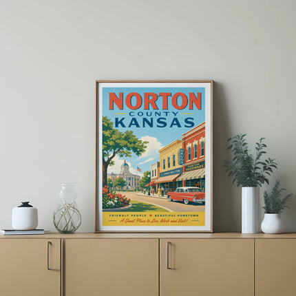 Vintage travel poster for Norton County, Kansas, featuring a classic car and main street.