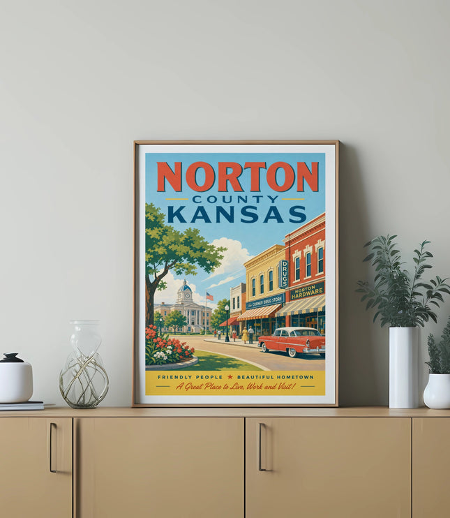 Vintage travel poster for Norton County, Kansas, featuring a classic car and main street.