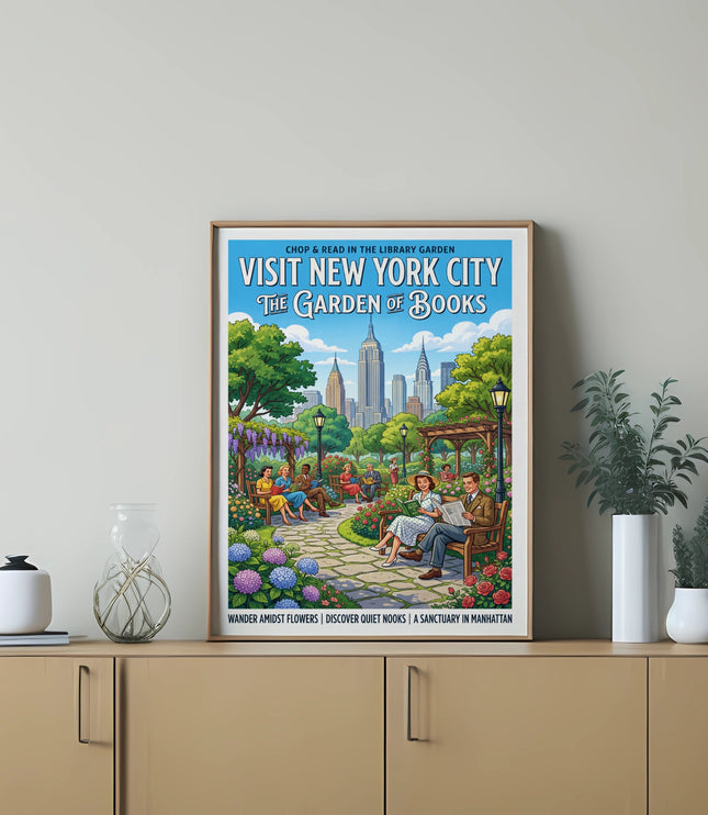 Poster of New York City Garden of Books with people reading and enjoying flowers.