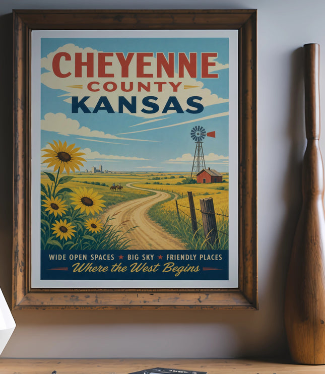 Cheyenne County, Kansas vintage travel poster with sunflowers and windmill.