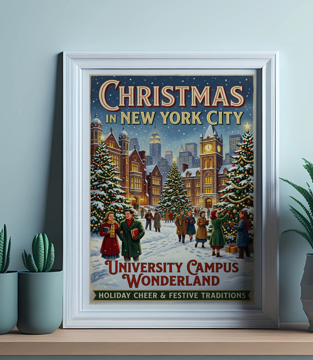 "Christmas in New York City" poster featuring a snowy university campus and festive decorations.