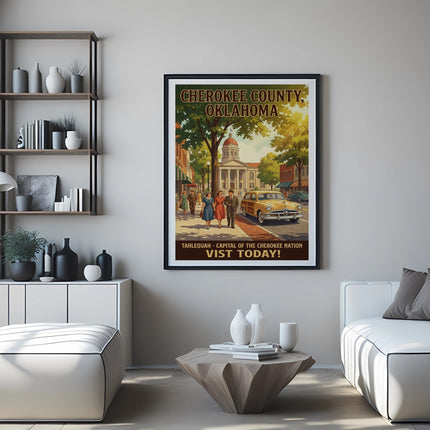 Cherokee County Oklahoma poster with Tahlequah and Visit Today text.