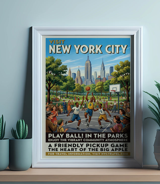 Vintage poster of a New York City park basketball game and skyline.
