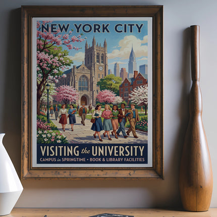 Vintage "Visiting the University" New York City poster with cherry blossoms.