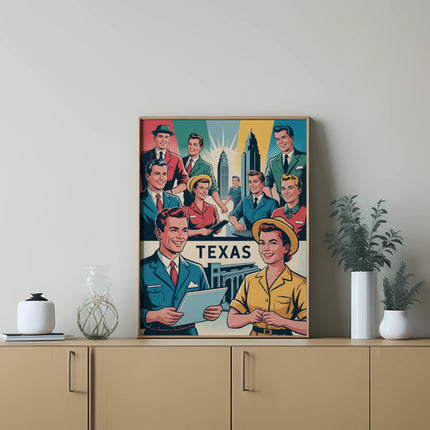 Vintage illustration of smiling people with "Texas" text, framed on a wall.