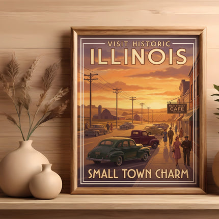 Vintage "Visit Historic Illinois Small Town Charm" poster with cars and buildings.