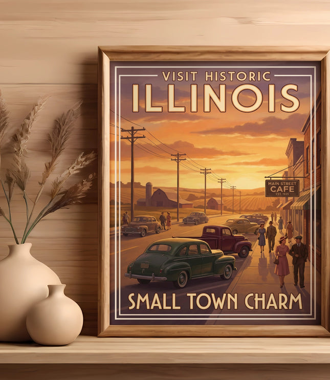 Vintage "Visit Historic Illinois Small Town Charm" poster with cars and buildings.