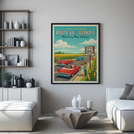 Retro Route 66 Illinois travel poster with vintage cars and people.