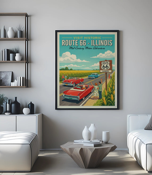 Retro Route 66 Illinois travel poster with vintage cars and people.