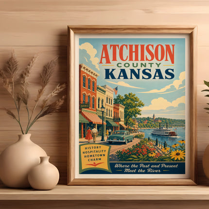Atchison County Kansas poster with vintage street scene and text.
