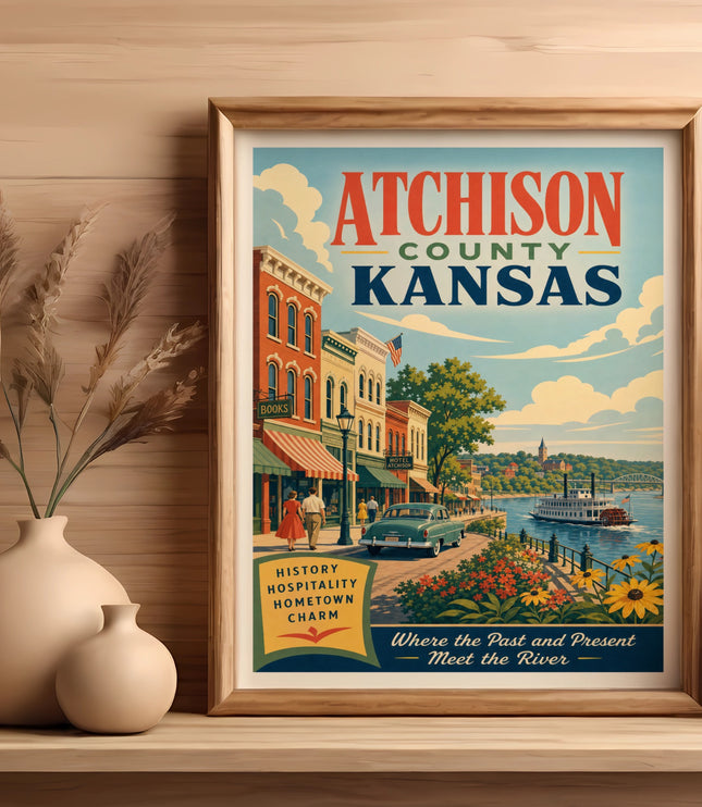 Atchison County Kansas poster with vintage street scene and text.