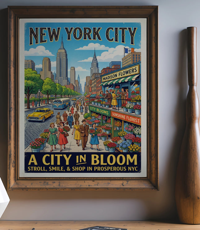 New York City vintage poster with skyline, people, and flower shops.