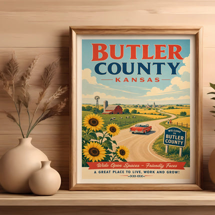 Vintage Butler County Kansas travel poster with sunflowers and a barn.