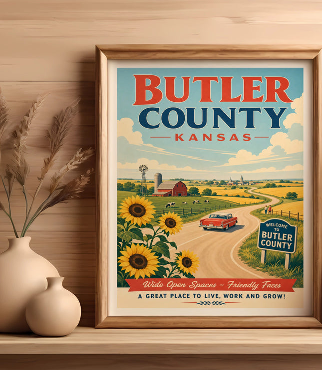 Vintage Butler County Kansas travel poster with sunflowers and a barn.