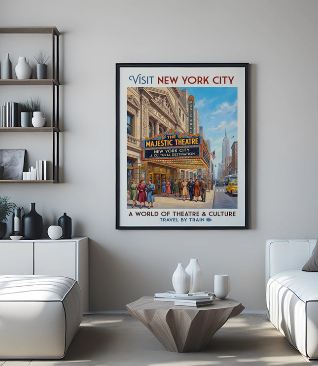 Vintage travel poster for New York City showcasing the Majestic Theatre and Empire State Building.
