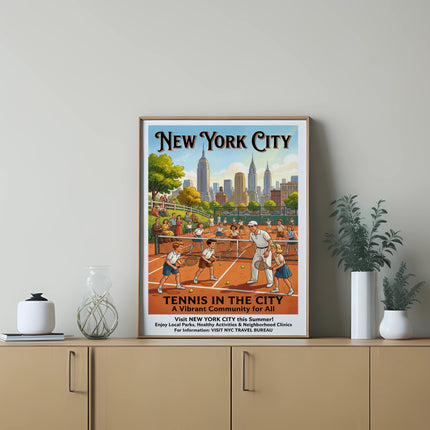 Vintage New York City poster advertising tennis with skyline and players.