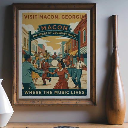 Vintage "Visit Macon, Georgia" poster with musicians and dancers on a street.