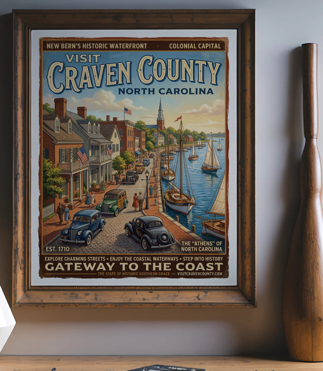 Vintage poster depicting Craven County, North Carolina waterfront with boats and historic buildings.