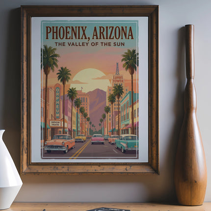 Vintage poster of Phoenix, Arizona with palm trees, vintage cars, and Luhrs Tower.