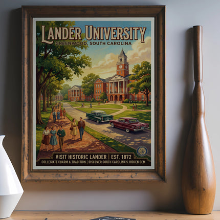 Lander University Greenwood, SC vintage travel poster art with people and cars.