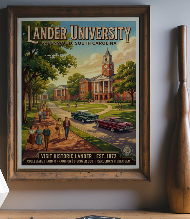 Lander University Greenwood, SC vintage travel poster art with people and cars.