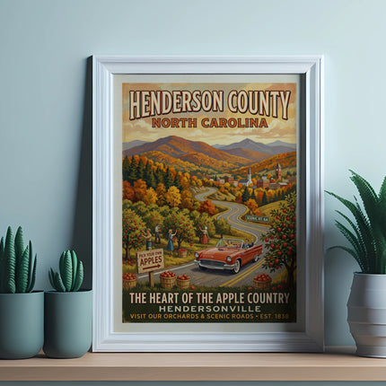 Retro poster of Henderson County, North Carolina apple country, with a vintage car.