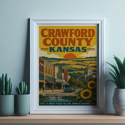 Crawford County Kansas vintage travel poster showing Pittsburg, KS downtown.