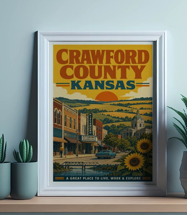 Crawford County Kansas vintage travel poster showing Pittsburg, KS downtown.