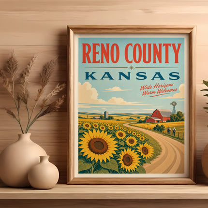 Vintage Reno County, Kansas travel poster with sunflowers and barn.